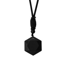 MINACHI Black Obsidian Geometric Hexagon Pendant Necklace with Braided Cord, Spiritual Protection Healing Jewelry Gift for Men and Women