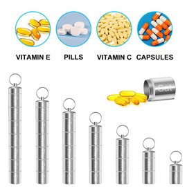 Pill Box 7 Days, Small Round Pill Box with 7 Divisible Compartments, Metal Waterproof Pill Box Keyring for On the Go, Outdoor, Travel, Hiking, Camping (Silver)