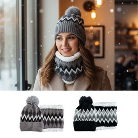 Winter Pattern Knit Hat & Neck Warmer Set (Fur Beanie + Neck Warmer) for Cold Weather Warmth Item Pattern Hat & Neck Warmer Set Black 2ea