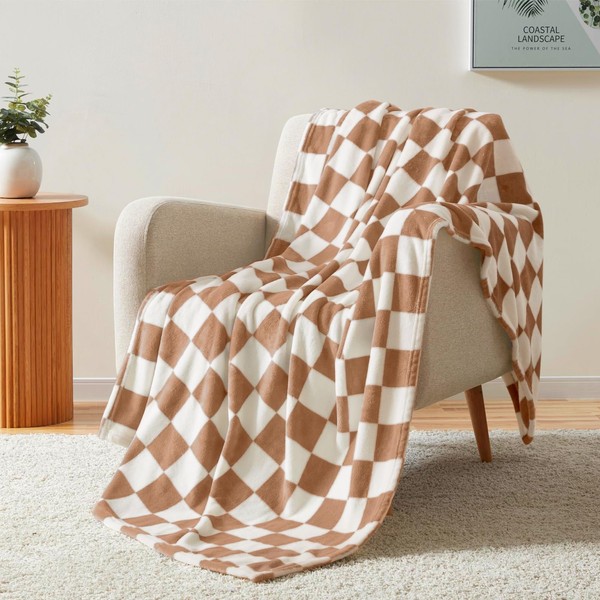 Homelike Moment Checkered Blanket Twin Size, Brown Checkerboard Grid Soft