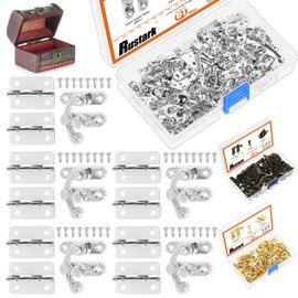 Rustark 20 Sets Silver Antique Small Box Hinges Right Latch Hook Hasp Horn Lock Jewelry Box Hardware Antique Brass Latch Hook Clasp Mini Hinges for DIY Crafts Jewelry Wooden Box