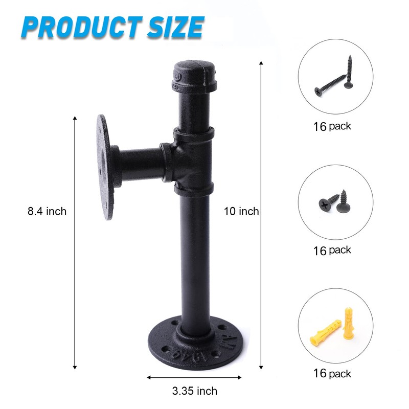 3/4" Industrial Pipe Shelf Brackets, Black Iron Wall Mounted DIY