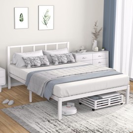 Bamboonova Full Bed Frame with Headboard 14" Bamboo Wood Platform Beds with Non-Slip Slats Support, Under-Bed Storage, Heavy Duty Bed No Box Spring Needed 9 Sturdy Legs Noise Free, White