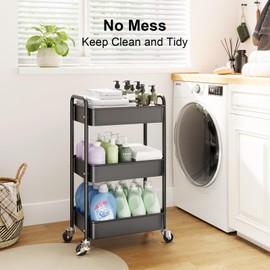 3 Tier Rolling Cart Metal, Black Carts with Lockable Wheels, Three Tiered Utility Cart on Wheels, Sturdy Rolling Storage Cart Organizer for Craft, Art, Snack, Book, Kitchen, Bathroom, Office Supplies