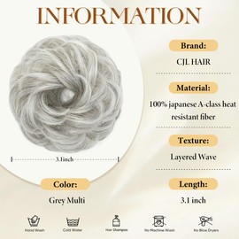 CJL HAIR Small Messy Bun Hair Pieces for Women Thin Hair Synthetic Curly Mini Scrunchies Hairpiece Updo with Elastic Band 2PCs Grey Multi