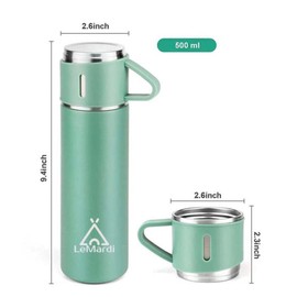 LeMardi Stainless Steel Insulated Flask Thermos with 3 Attachable Mugs- Perfect for Travel, Work, Picnics, Coffee, & Tea (Hot/Cold for 12 Hours) (GREEN)