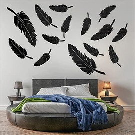 TROYSINC 15 adesivi da parete a specchio in acrilico 3D, grandi foglie artistiche, da parete, per camera da letto, soggiorno, colore nero
