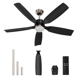 ZAFRO 52" Downrod Mount Ceiling Fan with Light & Remote – 6-Speed Reversible DC Motor, 3-Color Dimmable LED for Indoor/Covered Outdoor, Black