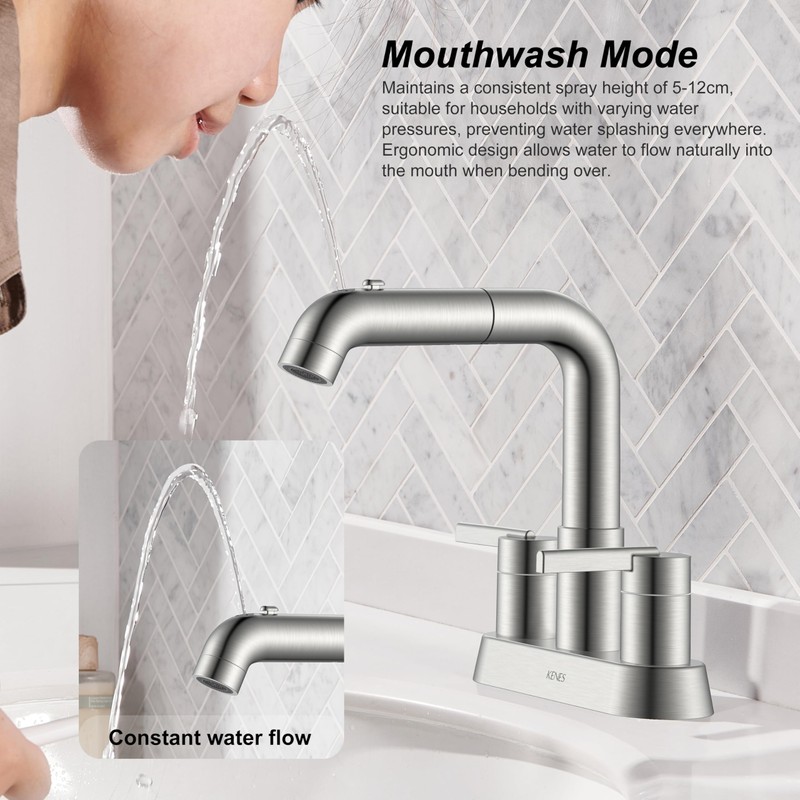 KENES Pull Down Bathroom Faucet with Sprayer, Brushed Nickel 4