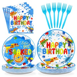Grencian 96Pcs Summer Water Gun Party Decorations Water Gun Party Plates Disposable Let's Get Soaked Paper Tableware Set for Pool Beach Birthday Summer Splash Fun Supplies, Serves 24