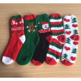 Loritta 5 Pairs Womens Fuzzy Socks Winter Warm Cozy Fluffy Super Soft Slipper Socks,D2-Colorful Christmas