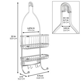 iDesign York Metal Wire Hanging Shower Caddy, Extra Wide Space for Shampoo, Conditioner, and Soap with Hooks for Razors, Towels, and More, 9.75" x 4" x 22", Satin Silver