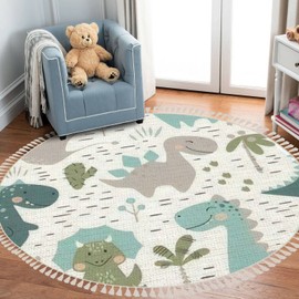 Round Rugs Dinosaur Baby boy Childish Sweet Dino with Palm & Cactus Boho Area Rug Linen & Cotton Carpet Meditation Rug Washable Hallway Runner Mat Accent Rug for Bedroom Bathroom 3ft, Multicolor