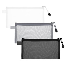 Ajcotahm 3 Pack Zipper Mesh Pouch Nylon Cosmetic Pouch Mesh Makeup Bags Travel Organizer for Toiletries Pencil Case (White, Black, Gray)