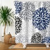 Boho Dahlia Flowers Shower Curtain Black Indigo Blue and Grey
