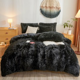 Fluffy Faux Fur Black Comforter Cover Queen Set – Plush Fluffy Black Bedding 3-Piece Set (1 Duvet Cover + 2 Furry Pillow Shams) Cozy Bed Set