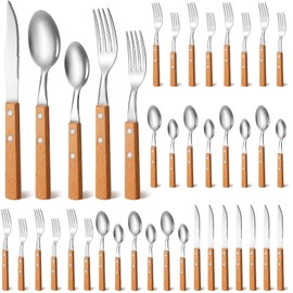 40 Pcs Wooden Handle Silverware Cutlery Set Walnut Handle 18/8 (304) Stainless Steel Cutlery Set Wooden Handle Knife Fork Spoon Reusable Utensils Serves for 8 (Wood Color)