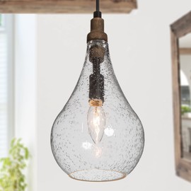 GEPOW Glass Pendant Lighting for Kitchen Island, Farmhouse Wood Hanging Light Fixture for Dining Room, Foyer, Bedroom