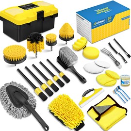 AUTOWN 30PCS Car Detailing Kits, Detailing Brush Set with Drill Brush Attachments and Portable Tool Box, Car Cleaning Kits for Interior, Exterior, Wheels, Windows