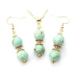 Gold-plated steel earrings and necklace set with blue-tinted reconstituted turquoise bead pendant and Tibetan beads