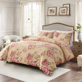 HSKIKWN Vintage Floral Comforter Set King Garden Yellow Flower Duvet Cover 104"x 90" Duvet Cover and 2 Pillow Shams Microfiber Soft Lightweight 3 Pieces Farmhouse Bedding Set