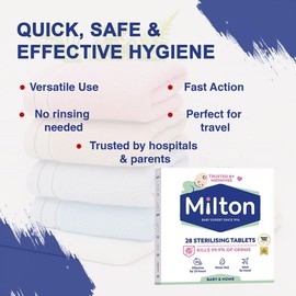 UMDA Milton Sterilising Tablets, Steriliser for Baby Bottles Feeding Accessories- Breastfeeding Equipment Cold Water Steriliser Tablets, Baby Travel Essentials Kill 99.9% of Germs 28 Tablets