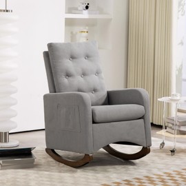 Curtainboro Rocking Chair, Upholstered Rocking Chair Nursery Glider Chair with Side Pocket Accent Chair with Rubber Wood Legs Armchair for Living Room, 25.59" D x 25.98" W x 33.86" H, Gray