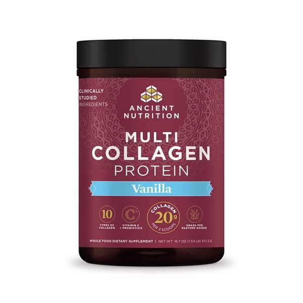 Ancient Nutrition Collagen Powder Protein, Multi Collagen Vanilla Protein Powder, 45 Servings, with Vitamin C, Hydrolyzed Collagen Peptides Supports Skin and Nails, Gut Health, 16.7oz
