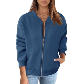MEROKEETY Basic Zip Front Sweatshirts Crew Neck Solid Color Casual Coat Jacket for Women, DarkBlue, X-Large