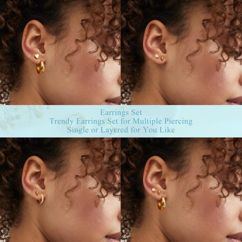 VEEDOFA 5 Pairs Small Earrings Set for Women,14K Gold Plated