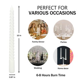10 Inch White Spiral Taper Candle Set, 10 Pack Unscented Dripless Candlesticks for Dinner Party Wedding Valentine‘s Day and Home Decoration
