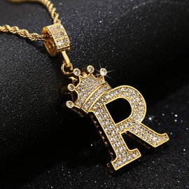 UALGL A-Z Letters Necklace Crown Necklace for Men Women 18K Gold Plated Letters Pendants with 23'' Chain Hip Hop Alphabet Name Jewelry Mom Gifts (Yellow-R)