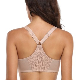 Exclare Women's Front Closure Racerback Bra Plus Size Underwire Unpadded T-Back Lace Everyday Bra (36C, Beige)