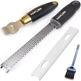 HAMOER Zester Grater & Channel Knife Kitchen Bar Tool Set for Parmesan Cheese Lemon Garlic Nutmeg Chocolate Citrus Cucumber Radish Ginger Crushed Scraping Rubber Ergonomic Curved Handle Black