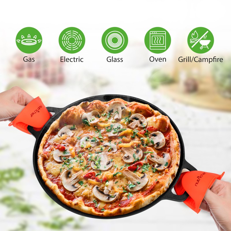 NutriChef 13-Inch Flat Cast Iron Pizza Pan - Versatile Pre-Seasoned