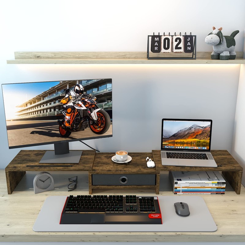 WESTREE Dual Monitor Stand Riser with Drawer, 3 Shelf Computer