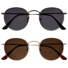 Opulize Sol Sun Reader Glasses Pack of 2 Thin Rim Round Retro Metal Frames Scratch-Resistant Tinted Lens UV400 Protection Metal Grey Black Gold Brown Men Women SS94-79 +2.50