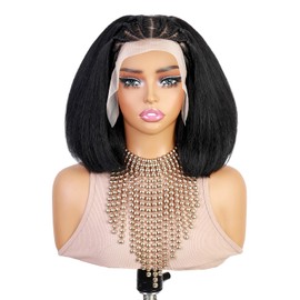Fancy Hair Braided Kinky Straight Bob Wig for Black Women 13x4 Cornrow Braided Lace Frontal Wig 12 Inch Yaki Kinky Straight Synthetic 200% Density Hair Pre-braid Handmade Cornrow Glueless Natutal Hair