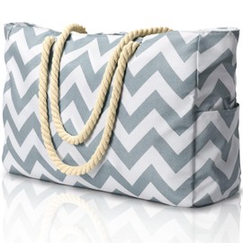 oscaurt Beach Bag Striped Tote Bag Swimming Bag Waterproof Beach Bag Large with Zip Shopper Bag Women's Beach Bag XXL Family Shopping Bag Shoulder Bag Plain Bag Travel Bag, Light Grey Wave