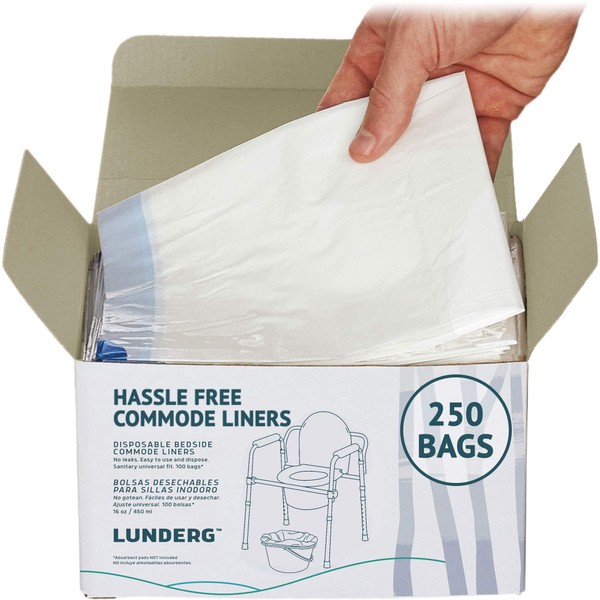 Lunderg Commode Liners - Value Pack 250 Count Universal Fit - Medical Grade Bedside Commode Liners Disposable for Adult Commode Chair, Portable Toilet Bags or Camping Toilet Bags