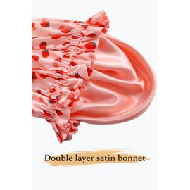 Vettres Floral Satin Bonnet with Scrunchie Set,Double Layer Ruffle Reusable Sleeping Shower Cap for Curly Hair Pink-strawberries
