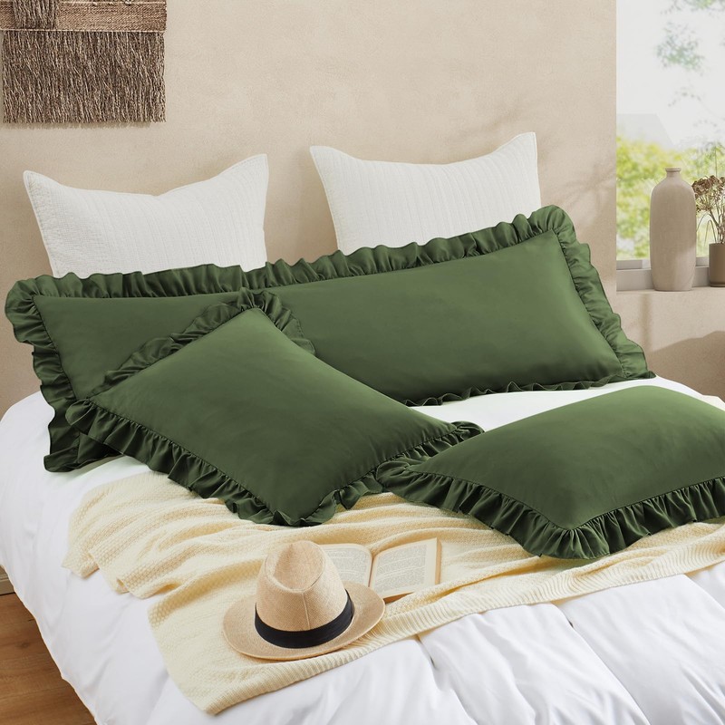 Cobedzy Ruffled Pillow Cases Set of 1, Olive Green Body