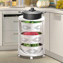 YIYIBYUS Rotating Kitchen Storage Rack 3 Tier, 180° Rotating Fruit and Vegetable Storage Baskets with Casters Multi-Layer Storage Shelves for Kitchen, Bedroom, Bathroom, Laundry Room, Garage(3-Layer)