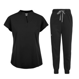 niaahinn Scrubs Set for Women Nurse Uniform Jogger Suit Stretch Top & Pants with Multi Pocket for Nurse Esthetician Workwear (Black, Small)