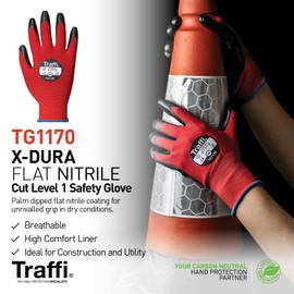Traffi-TG1170 Work Gloves - Non Slip Latex Coated Palm Grip Perfect For Utility, Mechanics, Warehouse, Gardening & Construction Workers -X-DURA Flat Nitrile Safety Hand Gloves