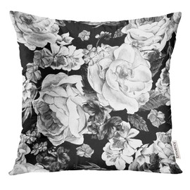 Emvency Throw Pillow Cover Black and White with Floral Bouquet of Roses Daisy Blue Wild Flowers in Vintage Style Watercolor Decorative Pillow Case Home Decor Square 16x16 Inches Pillowcase