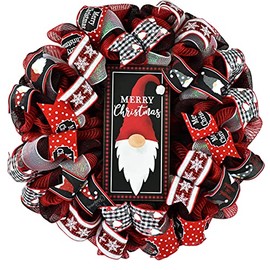 Gnome Christmas Buffalo Plaid Check Wreath - Holiday Wreath Front Door Decor - White Red Black