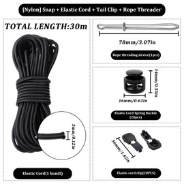 FSWWSF Elastic Rubber Cord 3 mm Elastic Thread 30 m Rubber Rope Round with 20 Cord Clamps 20 Cord Locks 2 Holes and Threader for Clothing Drawstring Backpack Cord Washing Lines (30 m)