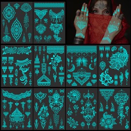 DPKOW Blue Luminous Temporary Tattoos, 10pcs Glow in the Dark Tattoo Stickers Indian Lace Temporary Tattoos for Women Girls Hand Arm Body Face Art, Neon Mandala Flower Temporary Tattoos Party Favours
