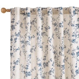 Lazzzy Farmhouse Linen Curtains Blue Floral Curtains 96 Inch Long Back Tab Drapes for Living Room Bedroom Light Filtering Country Vintage Rod Pocket Curtain, 2 Panels, Blue on Beige